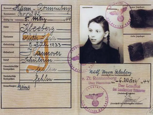 The image shows an old passport with a picture of a woman's face on it, along with text and stamps....
