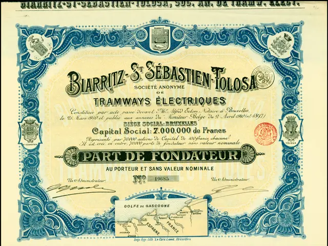 The image shows an old stock certificate with a black border and a picture of a man in a suit and...