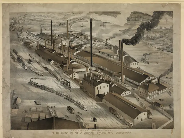 The image shows an old black and white drawing of a factory with smoke coming out of its chimneys,...