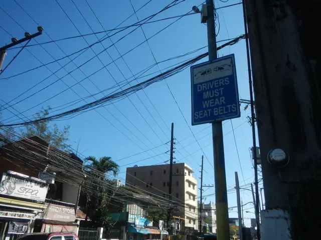 The image shows a city street with cars driving down it, electric poles with wires, buildings with...