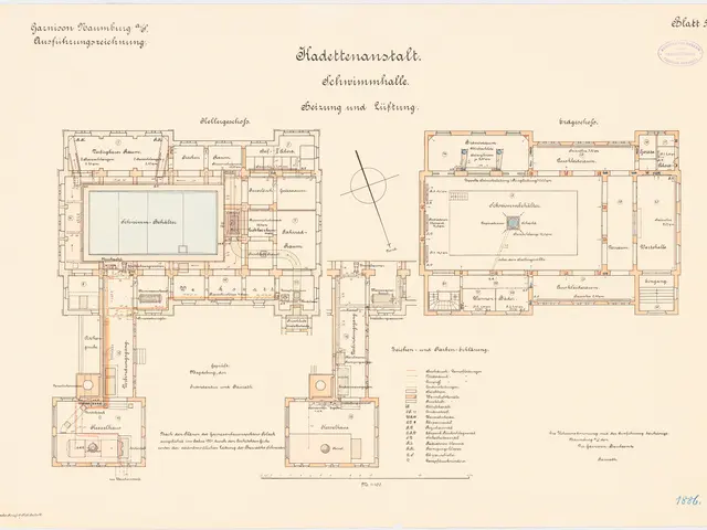 The image shows a drawing of a floor plan of a building with a lot of rooms, including the...