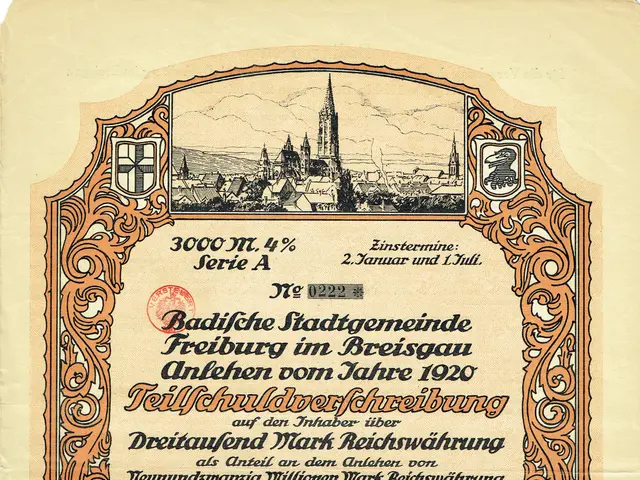 The image shows an old German stock certificate with a picture of a city on it. The certificate has...