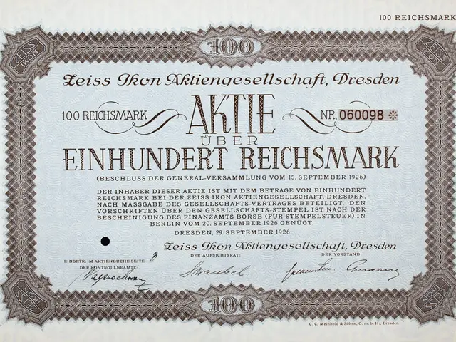 The image shows an old German stock certificate with a black border and text written on it. The...