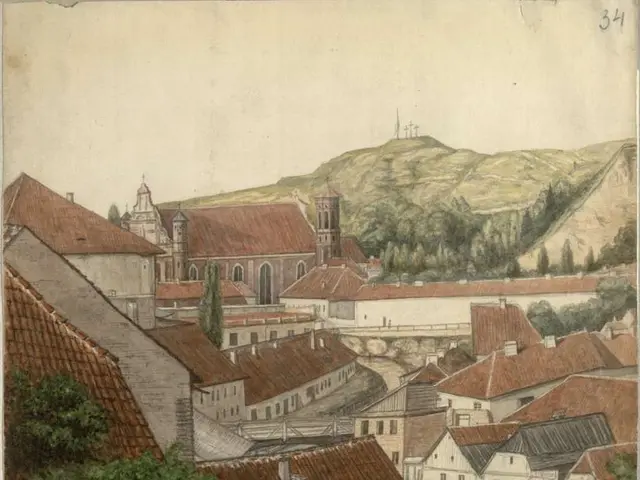 The image shows a painting of a small town with a church in the background, surrounded by trees,...