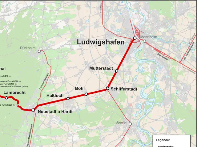 The image shows a map of the city of Ludwigshafen, Germany, with a red line indicating the route of...