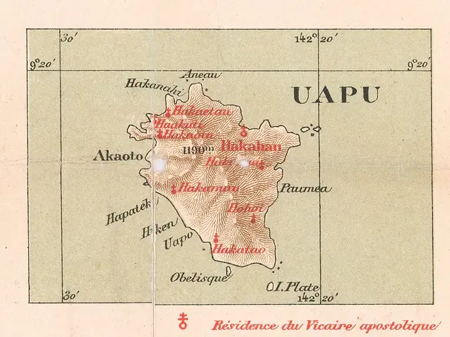The image shows an old map of the island of Uapu, Hawaii, with text and numbers on the paper. The...