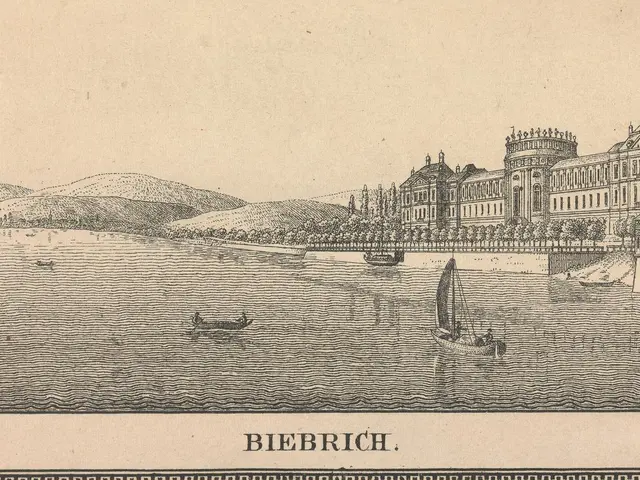 The image shows an engraving of a large building situated on the banks of a river, surrounded by...