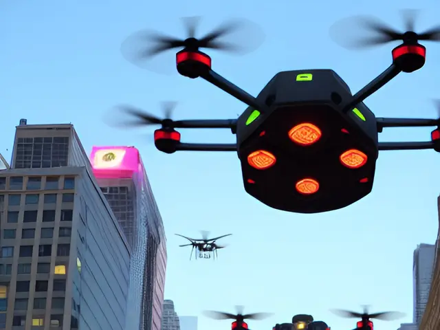The image shows a group of drones flying over a city street filled with people, illuminated by the...