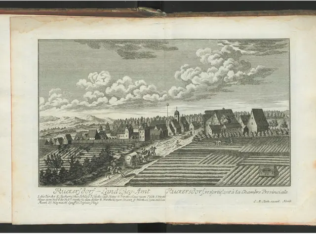 The image shows an open book with a drawing of a village in the middle of it, surrounded by houses,...