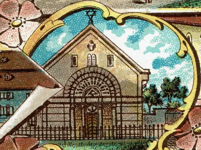 The image shows a painting of a church with flowers in front of it, surrounded by houses, trees, a...