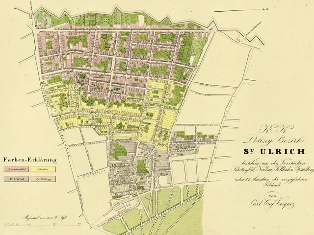The image shows an old map of the city of St. Ulrich, Germany, with text on the paper. The map is...