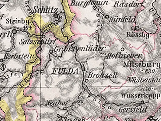 The image shows an old map of the city of Fülda, Germany, with text indicating the location of the...