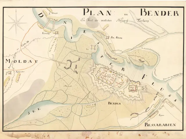 The image shows a map of the city of Bender, Germany, with text written on it. The map is detailed,...