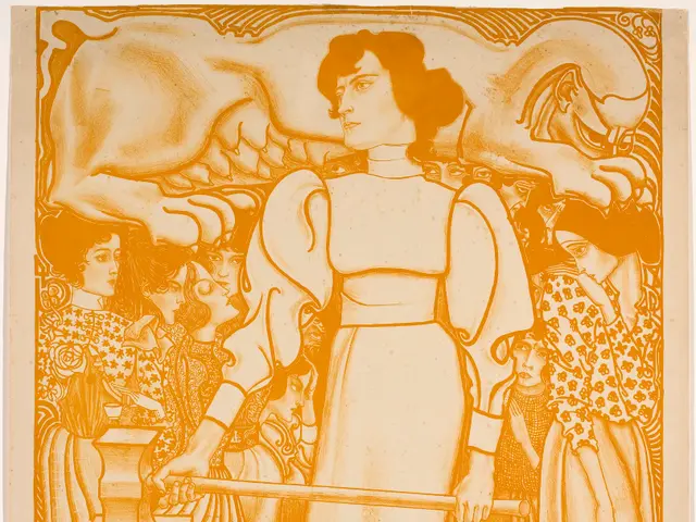 The image shows a woman in a white dress holding a hammer in her hand, surrounded by a group of...