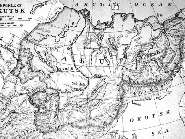 The image shows a black and white map of the provinces of Yakutsk, with text written on it. The map...