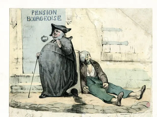 The image shows a cartoon of a man sitting on the ground next to a woman, both of whom appear to be...