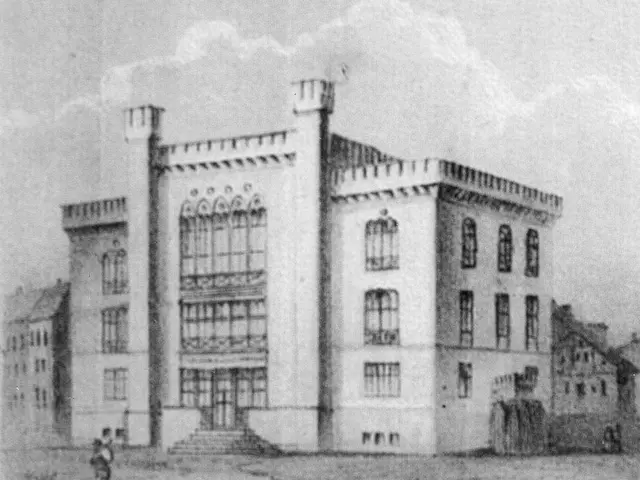 The image shows a black and white drawing of a large building with people walking in front of it,...