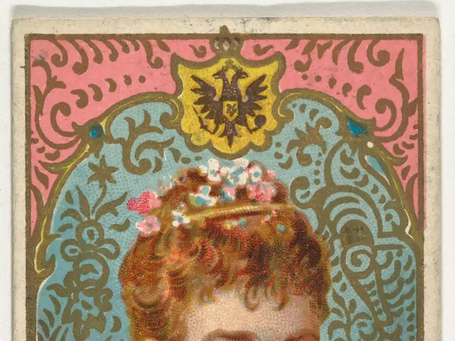 The image shows an old cigarette card with a picture of a woman wearing a crown on her head. Her...