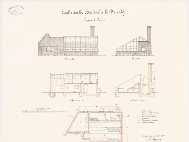 The image shows a drawing of a house with a lot of windows and elevations, along with text and a...