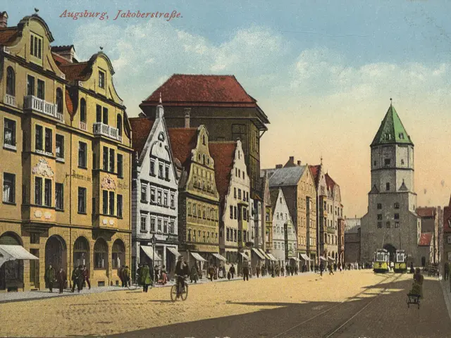 The image shows an old postcard of a city street in Augsburg, Jakobstraße, Germany. We can see a...