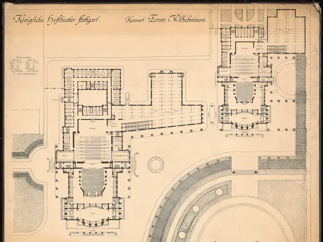 The image shows a drawing of a plan of a building with a lot of rooms, which is the ground floor...