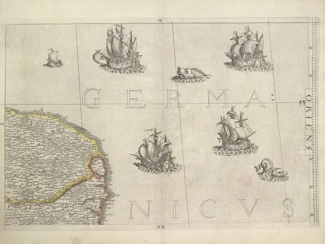 The image shows an old book with a map of Germany on it, featuring pictures of ships and text.