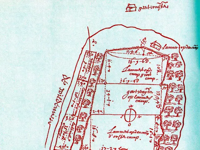 The image shows a drawing of a map on a piece of paper with text and numbers, which is a plan of...