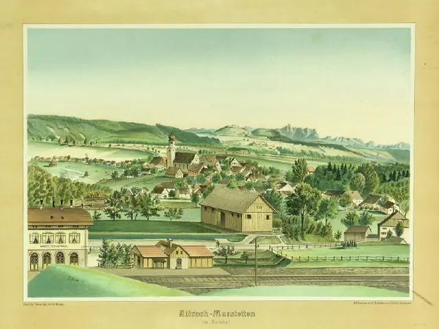 The image shows a painting of a small town nestled in the mountains, with houses, trees, grass, a...