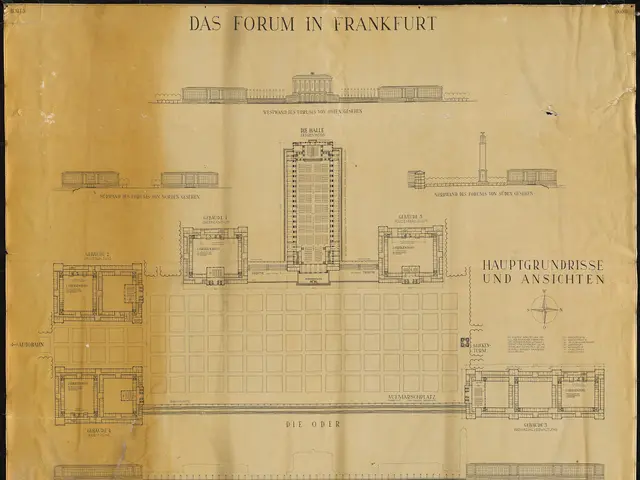 The image shows a paper with a drawing of a building on it, set against a black background. The...