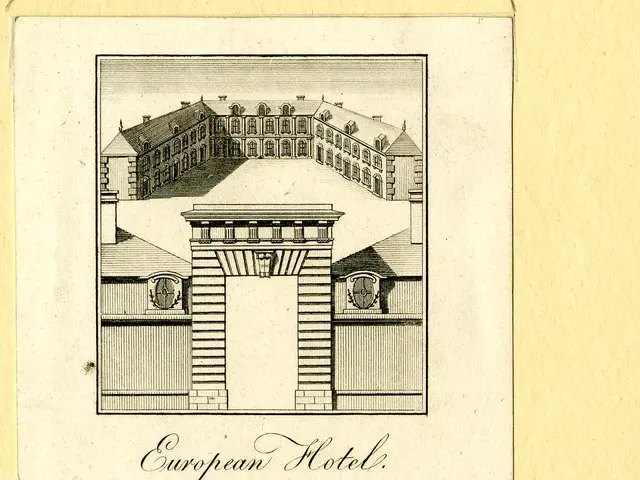 The image shows a drawing of a European hotel on a piece of paper with a stamp on it. The building...