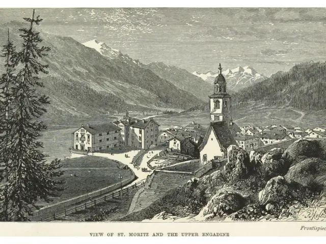 The image shows a view of St. Moritz and the Upper Engadine, with a few buildings, trees, and...