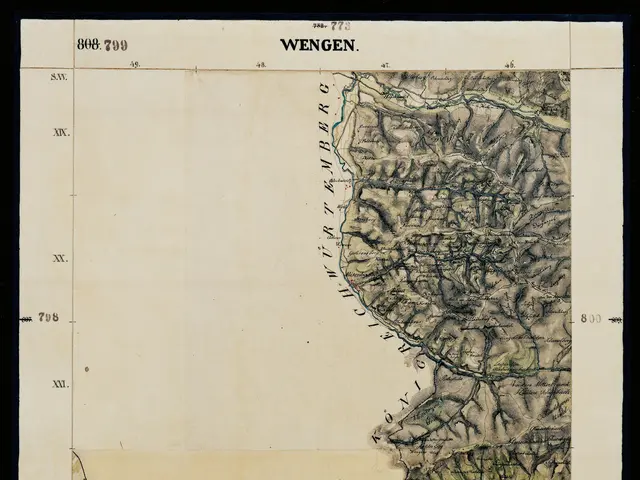 The image shows an old map of the city of Wengen, Germany, with a black border around it. The map...