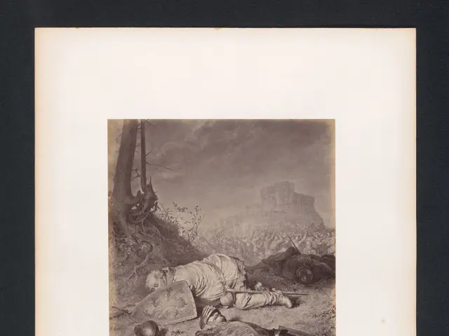 The image shows a black and white engraving of a man laying on the ground in front of a castle,...