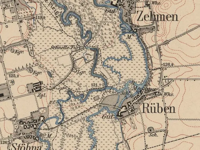 The image shows an old map of the city of Stöhna, Germany, with a river running through it. The map...