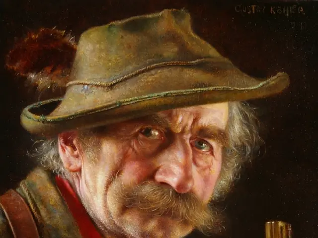 The image shows an old man with a mustache and a hat, holding a gun in his hand. He has a...