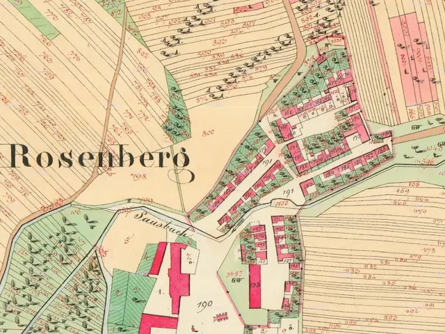The image shows an old map of the city of Rosenberg, Germany, with text and numbers indicating the...