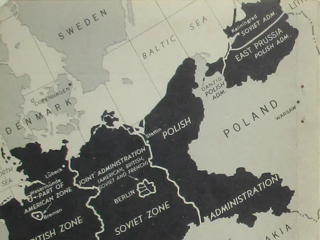 The image shows a map of Germany with the zones of occupation clearly marked. The map is filled...