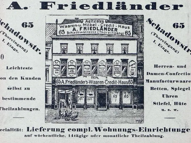The image shows an old advertisement for a friedlander store in Germany, featuring a picture of a...