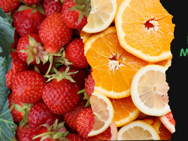 The image shows a variety of fruits and vegetables, including strawberries, oranges, and cabbage,...