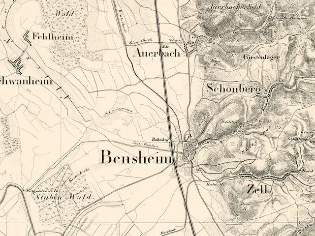 The image shows an old map of the city of Bensheim, Germany, with text written on it. The map is...