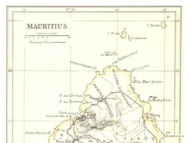 The image shows an old map of Mauritius, with text at the top and bottom of the paper. The map is...