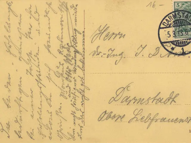 The image shows an old postcard with a stamp on it, which is an envelope from Germany to Germany,...