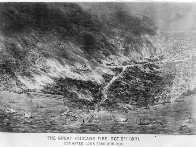 The image shows a black and white picture of the Great Chicago Fire on October 9th, 1871. At the...