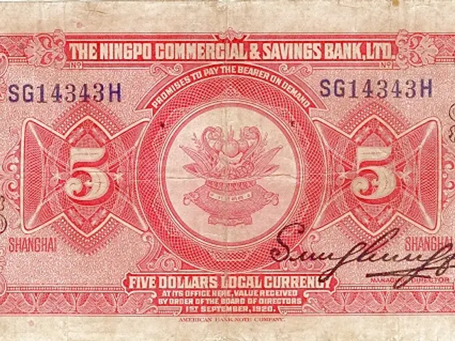 The image shows an old five dollar banknote from the Ningbo Commercial Savings Bank, with a red and...