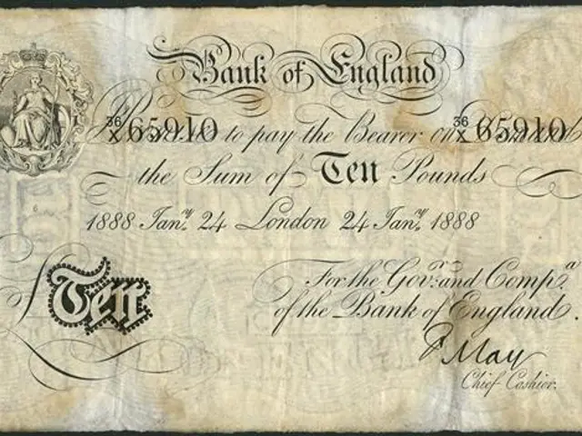The image shows an old banknote from the Bank of England with a picture of a man on it against a...