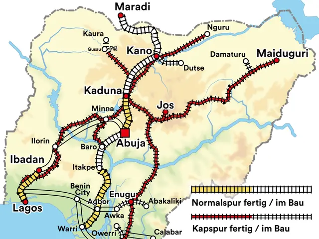 The image shows a map of the city of Abuja, Nigeria, with a train route highlighted. The text on...