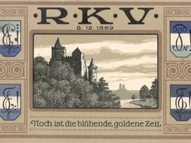 The image shows an old German banknote with a picture of a castle on it, surrounded by trees. The...