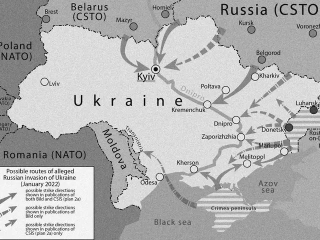 The image shows a poster with a map of Ukraine and Russia, with text indicating the possible routes...