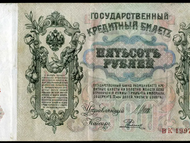 The image shows an old Russian banknote with a picture of a man on it against a black background....