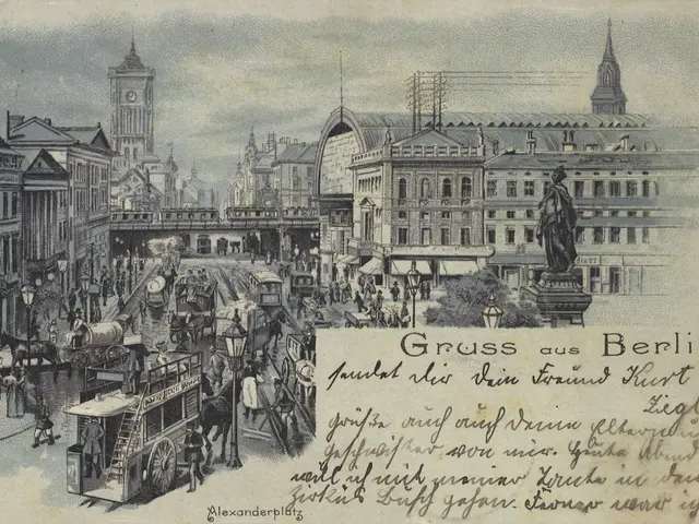 The image shows an old postcard with a drawing of a bustling city street in Berlin, Germany. There...